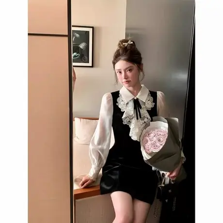 爵莱菲大码法式千金MIU系假两件蕾丝黑色丝绒连衣裙女生日礼裙商品大图