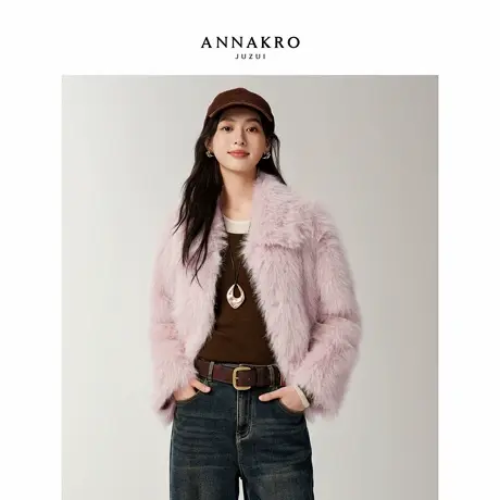 玖姿安娜蔻优雅千金风暗扣翻领仿皮草短款毛绒外套女2025冬季新款图片
