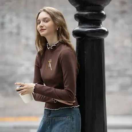 唐狮女史努比半高领弹力间色木耳边打底衫时尚减龄高级感女TMTA图片