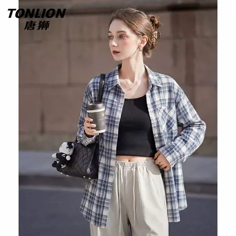 唐狮官方翻领衬衫女2026新款春季格子长袖衬衣宽松叠穿内搭上衣VC图片