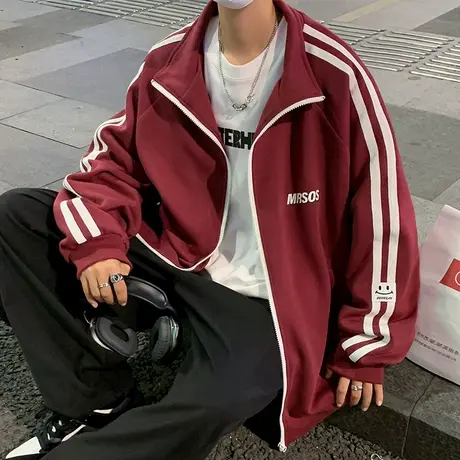 国潮复古港风卫衣男秋冬季新款立领拉链开衫条纹宽松运动夹克外套商品大图