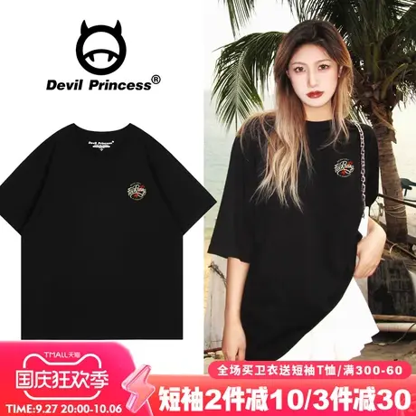 美式街头潮牌黑色正肩t恤女2023新款大版宽松超火显瘦半袖上衣夏商品大图