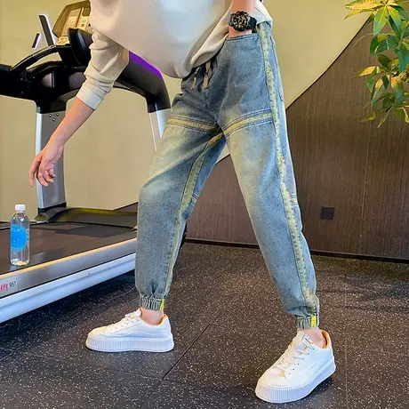 牛仔裤男秋季个性拼接复古水洗束脚哈伦裤九分痞帅小众小脚休闲裤商品大图