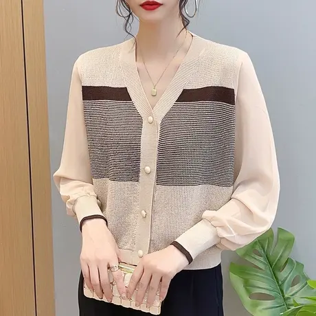 条纹拼接雪纺袖V领针织开衫外套女2023秋冬新款时尚洋气外穿毛衣图片