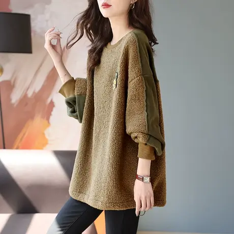 宝诗黎圆领落肩烫钻拼接加绒加厚卫衣女冬季2023宽松保暖时尚上衣图片