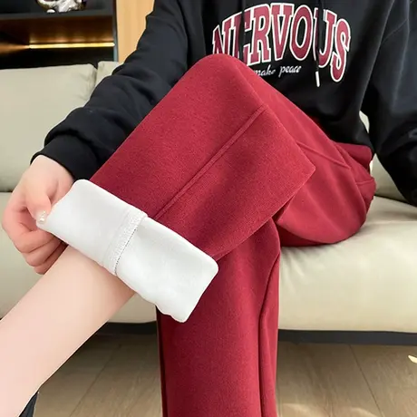 红色加绒加厚阔腿香蕉裤女冬季新款高腰宽松显瘦休闲直筒灯笼卫裤商品大图