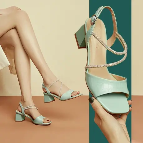 清仓露趾一字带真皮粗跟高跟鞋女鞋绿色欧美凉鞋女夏图片