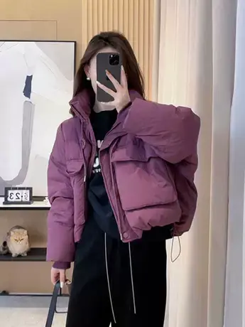 韩版立领休闲大口袋羽绒服女短款2023冬季新款宽松时尚白鸭绒外套图片