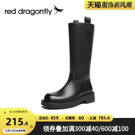 红蜻蜓中筒靴女秋冬新款英伦风时装靴女厚底骑士靴黑色显瘦女单靴图片