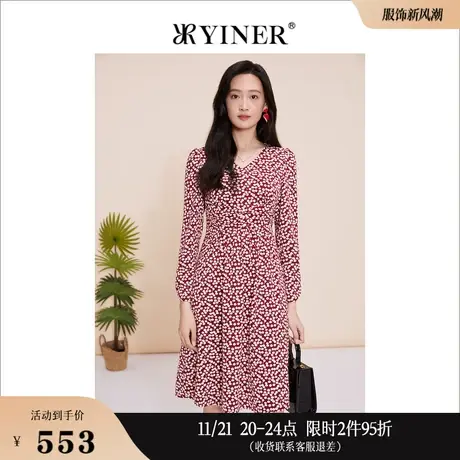 YINER音儿线上专选女装2023春季法式V领收腰抽褶修身碎花连衣裙图片