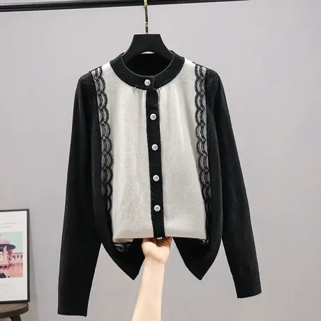2023春秋新款圆领蕾丝拼色长袖针织衫女士开衫毛衣百搭外套上衣女商品大图