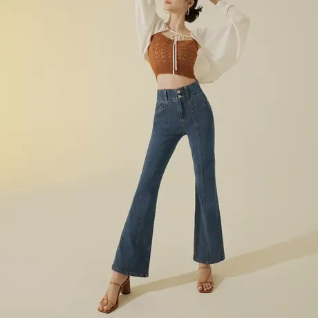 桔熊秋季牛仔长裤子女修身松紧高腰收腹喇叭裤胖妹妹大码BA7274图片