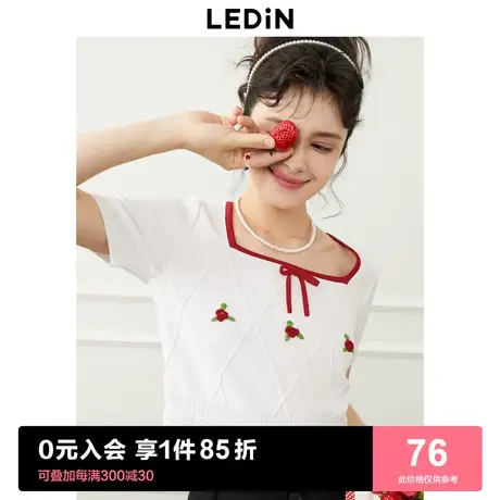 乐町撞边方领短袖女2023年夏季新品女装立体花朵修身针织T恤图片