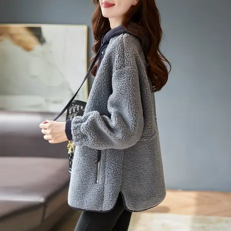 宝诗黎圆领宽松羊羔毛摇粒绒外套女2024春季新款时尚宽松加厚上衣商品大图