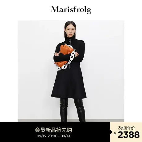 【商场同款】玛丝菲尔2023年秋季新款黑色绵羊毛时尚拼接连衣裙女图片