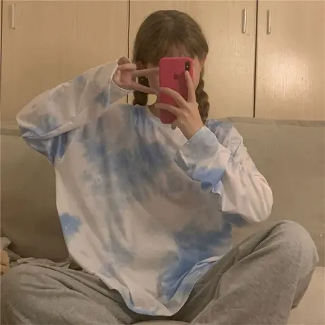 欧货欧洲站女装潮2023早秋新款扎染上衣韩版宽松春秋薄款长袖T恤图片