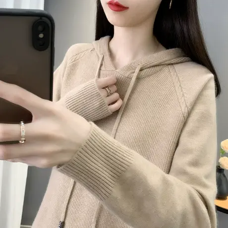 2023秋冬新款毛衣女纯色插肩袖套头连帽针织衫宽松纯色上衣帽子衫商品大图