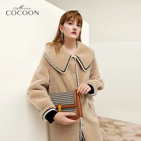 missCOCOON皮草外套女2022新款冬季复古拼接编织中长款毛呢外套图片