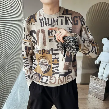 秋冬痞帅毛衣男装韩版潮流满印字母2024新款潮牌修身针织打底衫商品大图