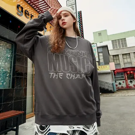 潮牌简约设计感字母基础款圆领卫衣男美式街头宽松加绒情侣上衣商品大图