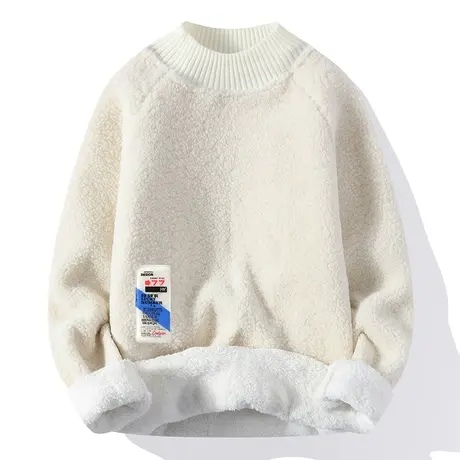 冬季羊羔绒毛衣男韩版个性贴标加绒线衣外套青年宽松一体绒针织衫商品大图