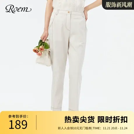 Roem商场同款春秋新品白色休闲复古直筒高腰小众设计牛仔裤烟管裤图片