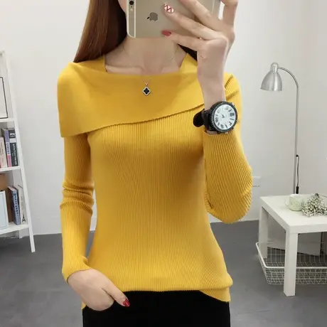 紧身针织衫一字肩翻领打底衫秋冬新款潮流洋气纯色毛衣女内搭上衣商品大图