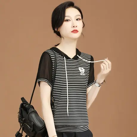 韩潮袭人连帽印花条纹短袖t恤女2024夏新款镂空宽松体恤衫上衣薄图片