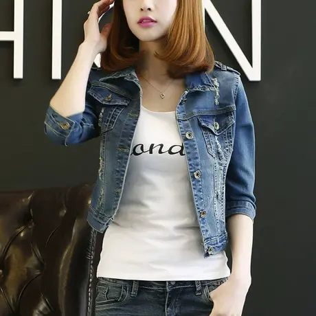 牛仔外套女短款修身韩版薄显瘦七分长袖大码春秋牛仔服上衣弹力商品大图