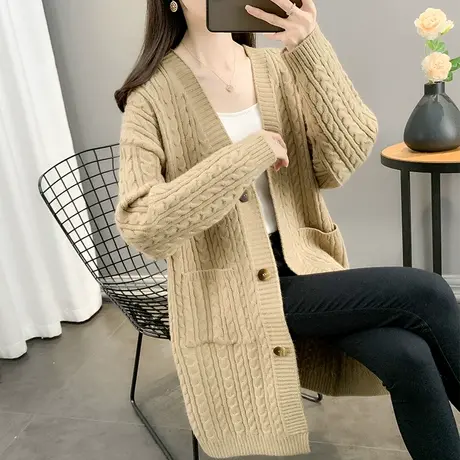 秋装女2023年新款宽松中长款v领麻花口袋针织开衫女外搭长袖外套商品大图