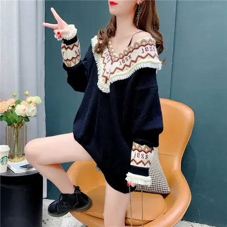 设计感蕾丝边钉珠V领毛衣女2021年秋季新款宽松民族风外穿上衣潮商品大图