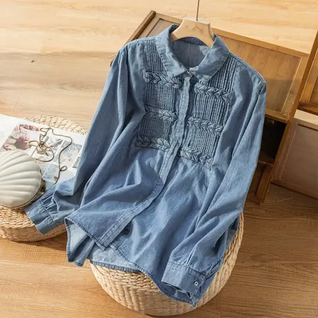 全棉牛仔衬衫女文艺复古港味宽松上衣琴褶高级感春秋2022秋季新款商品大图