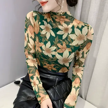 半高领打底衫女春装2024新款时尚印花减龄长袖T恤紧身内搭上衣潮商品大图