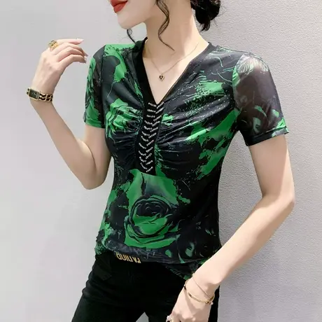 欧货网纱T恤女短袖2024夏季新款性感V领钉珠小衫漂亮印花修身上衣图片