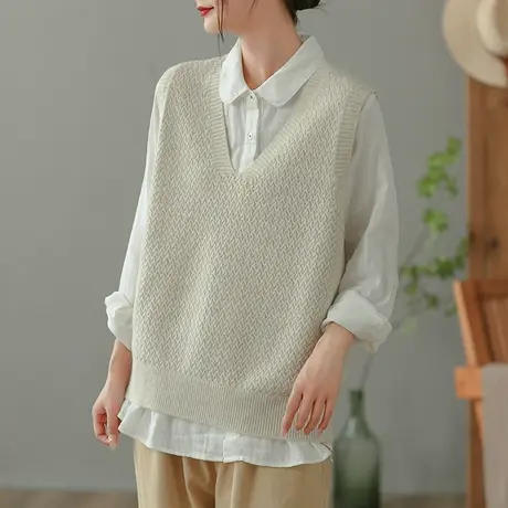 dza 复古纯色棉线针织马甲背心女士春秋内搭上衣宽松显瘦毛衣马夹商品大图