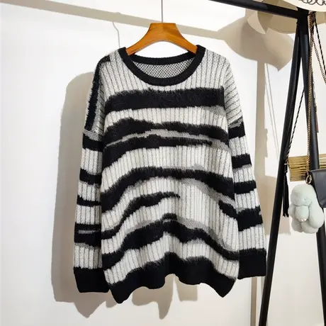 慵懒风条纹针织衫女2023秋冬新款韩版中长款宽松遮肉毛衣套头外穿商品大图