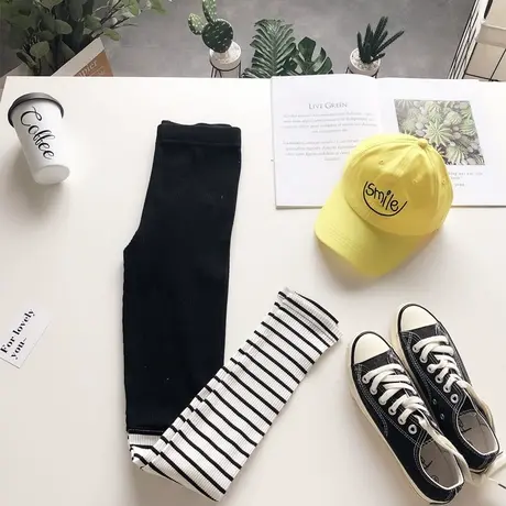 2020春新款韩国东大门打底裤条纹拼色螺纹高腰九分裤潮显瘦大码图片