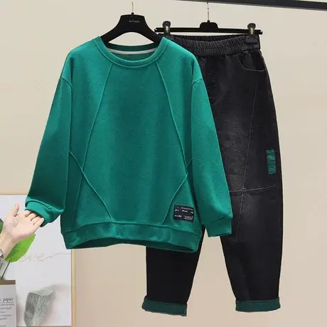 2023年早秋新款宽松百搭简约炸街卫衣+贴布牛仔裤两件套装女秋装商品大图