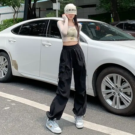 日系工装裤女夏季薄款美式复古高腰阔腿抽绳束脚多口袋休闲裤子潮图片