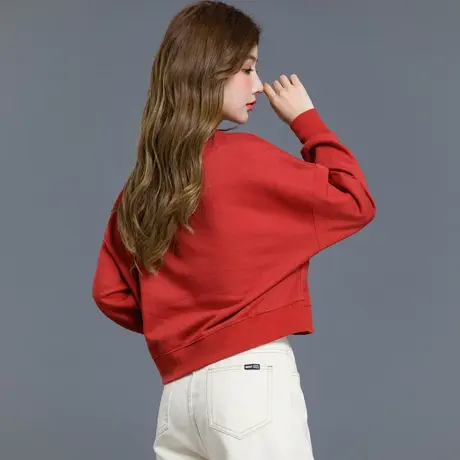 圆领短款卫衣女2024新款春秋加绒红色宽松休闲时尚小个子上衣套头商品大图