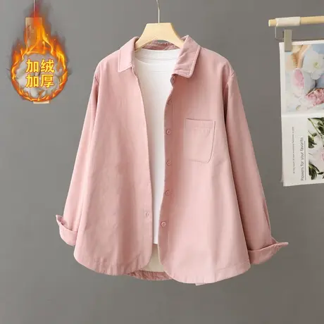秋冬季新款2024爆款加厚加绒外套女短款小个子上衣纯色衬衫衬衣潮图片