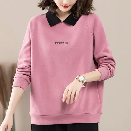 中年妈妈卫衣女春秋新款加肥加大码女装宽松休闲刺绣百搭翻领上衣商品大图