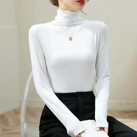 莫代尔修身时髦半高领打底衫女2023早春新款内搭薄款中领长袖上衣图片