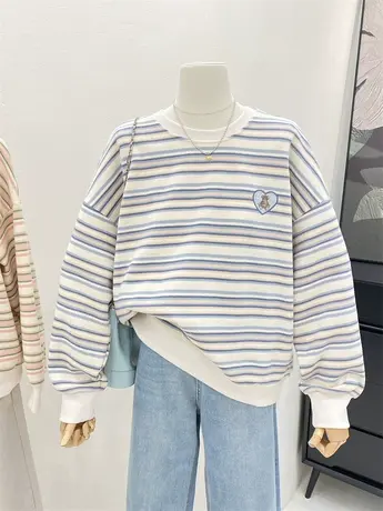 2023新款爆款秋装韩系百搭毛巾条纹刺绣小熊减龄套头卫衣女外套商品大图