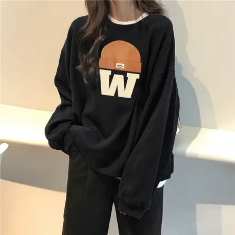 oversize加绒加厚圆领无帽卫衣女秋冬休闲宽松慵懒风bf外套上衣潮图片