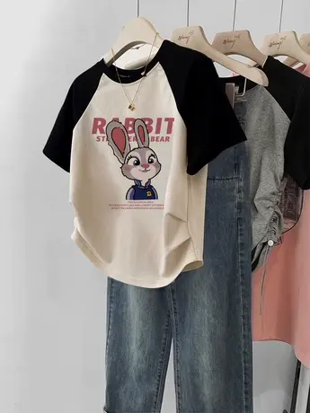 正肩t恤女韩系chic修身显瘦胖mm插肩袖短袖夏潮ins闺蜜短款小上衣商品大图