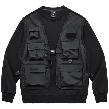 VIP假两件重磅圆领卫衣男机能拼接长袖t恤工装多口袋设计感上衣潮商品大图