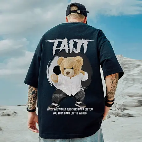 小熊短袖大码胖子国潮牌夏季纯棉潮牌宽松圆领休闲半袖体t恤男款商品大图