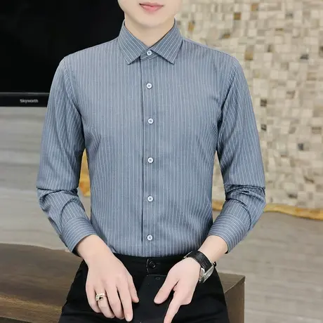 春季青年男士韩版修身条纹长袖百搭衬衫男装商务休闲潮流帅气衬衣图片