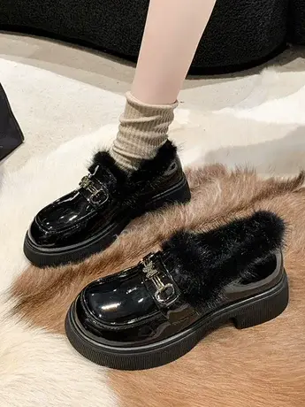 棉鞋女冬加绒外穿2023新款秋冬季厚底松糕单鞋乐福鞋英伦风小皮鞋图片